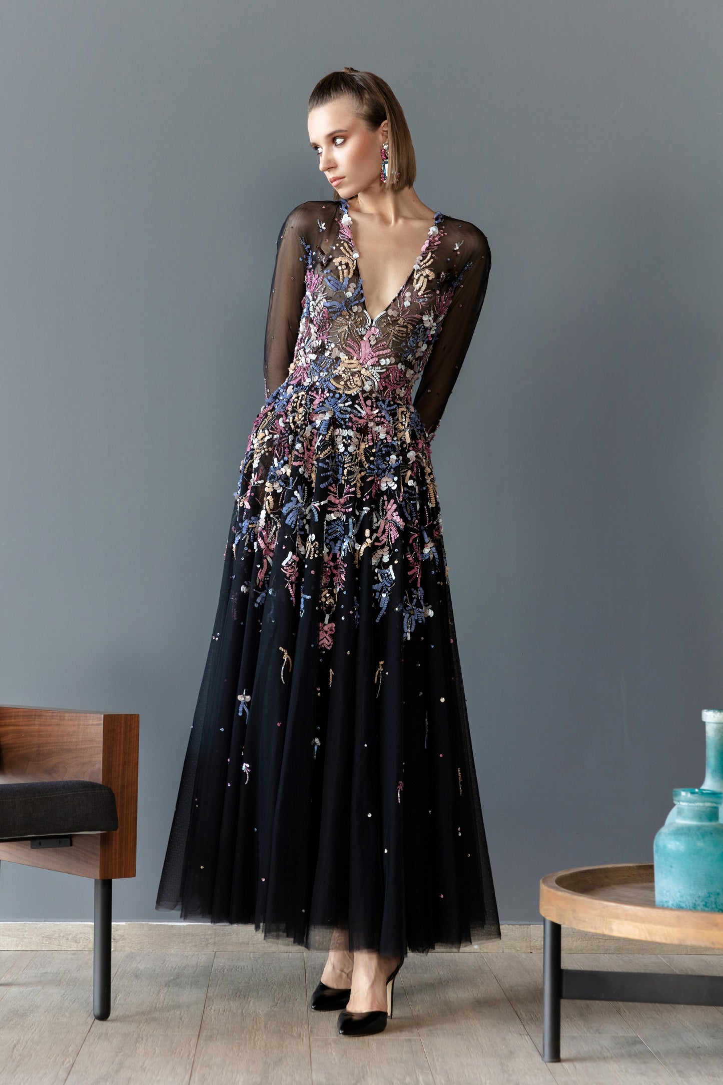 Beaded Tulle Long Sleeve Gown