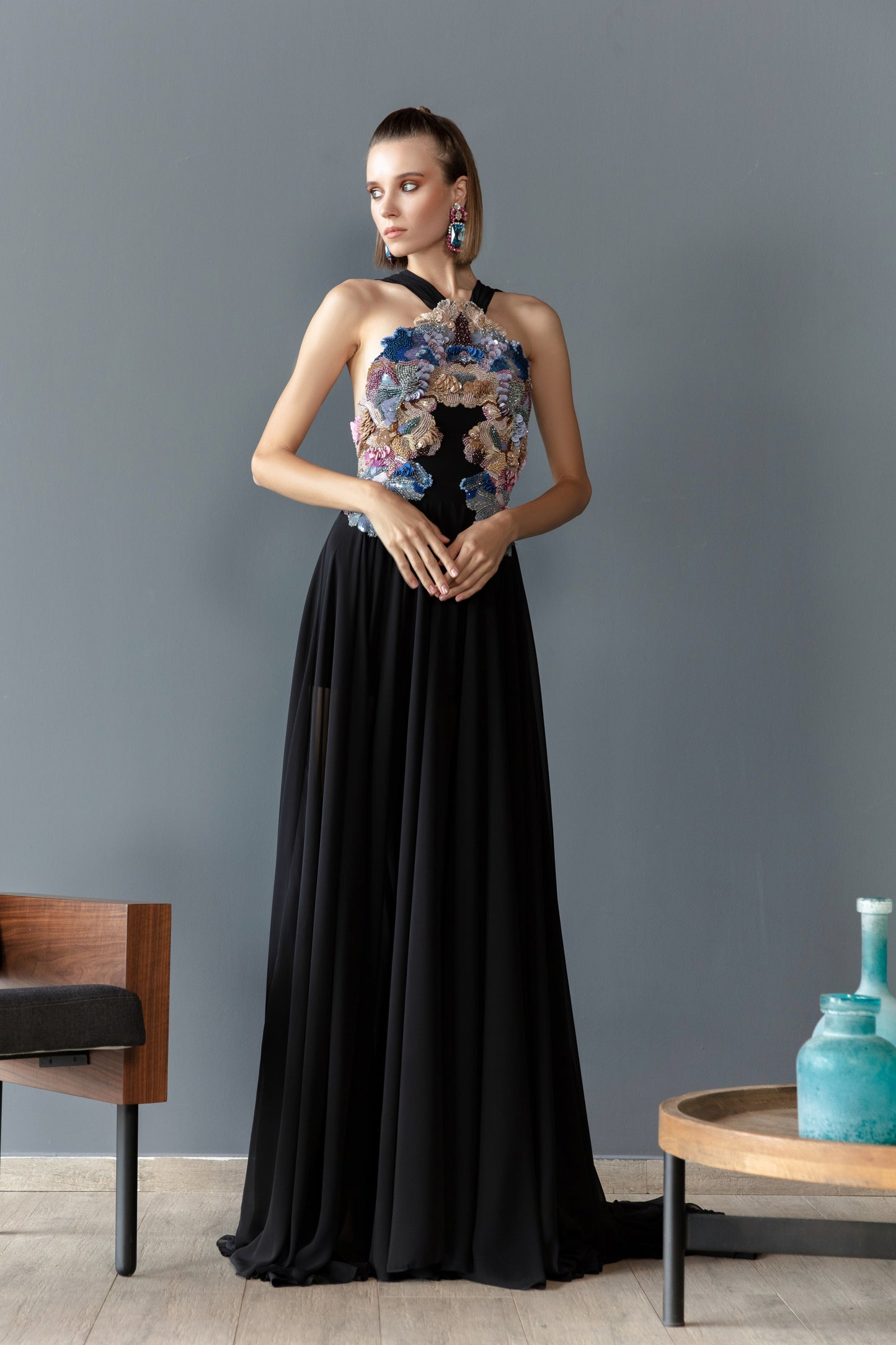 Crepe Georgette Gown with Chromatic Beading