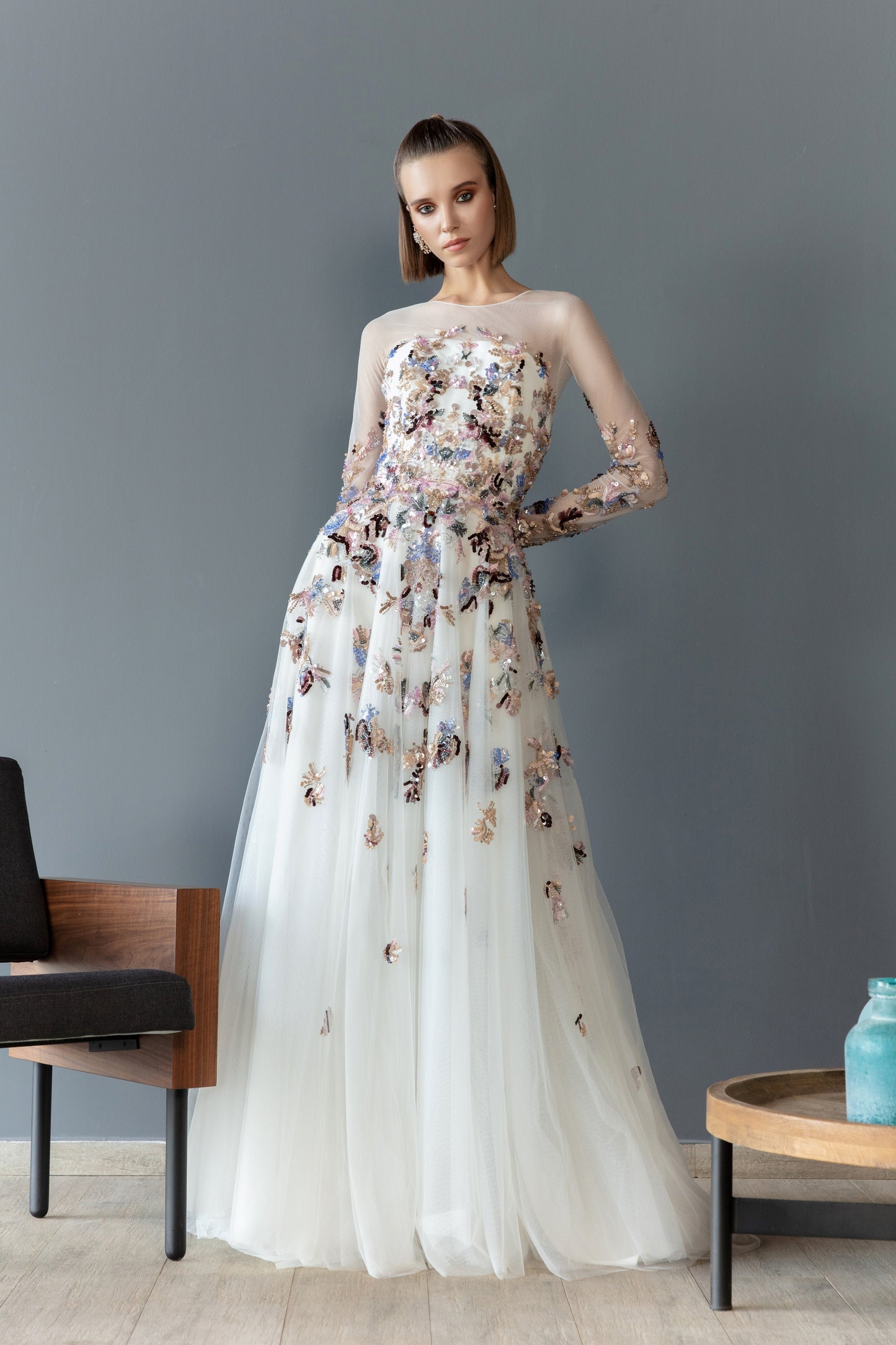 Canton Crepe and Tulle Beaded Gown