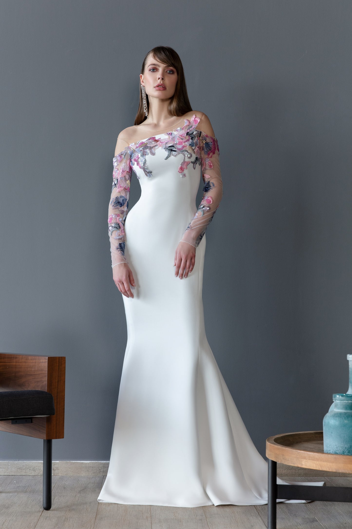 Beaded Canton Crepe Mermaid Gown