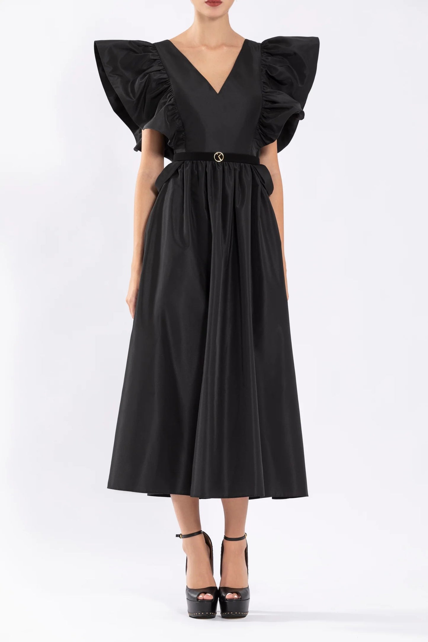Taffeta Dress with Gathered Sleeves