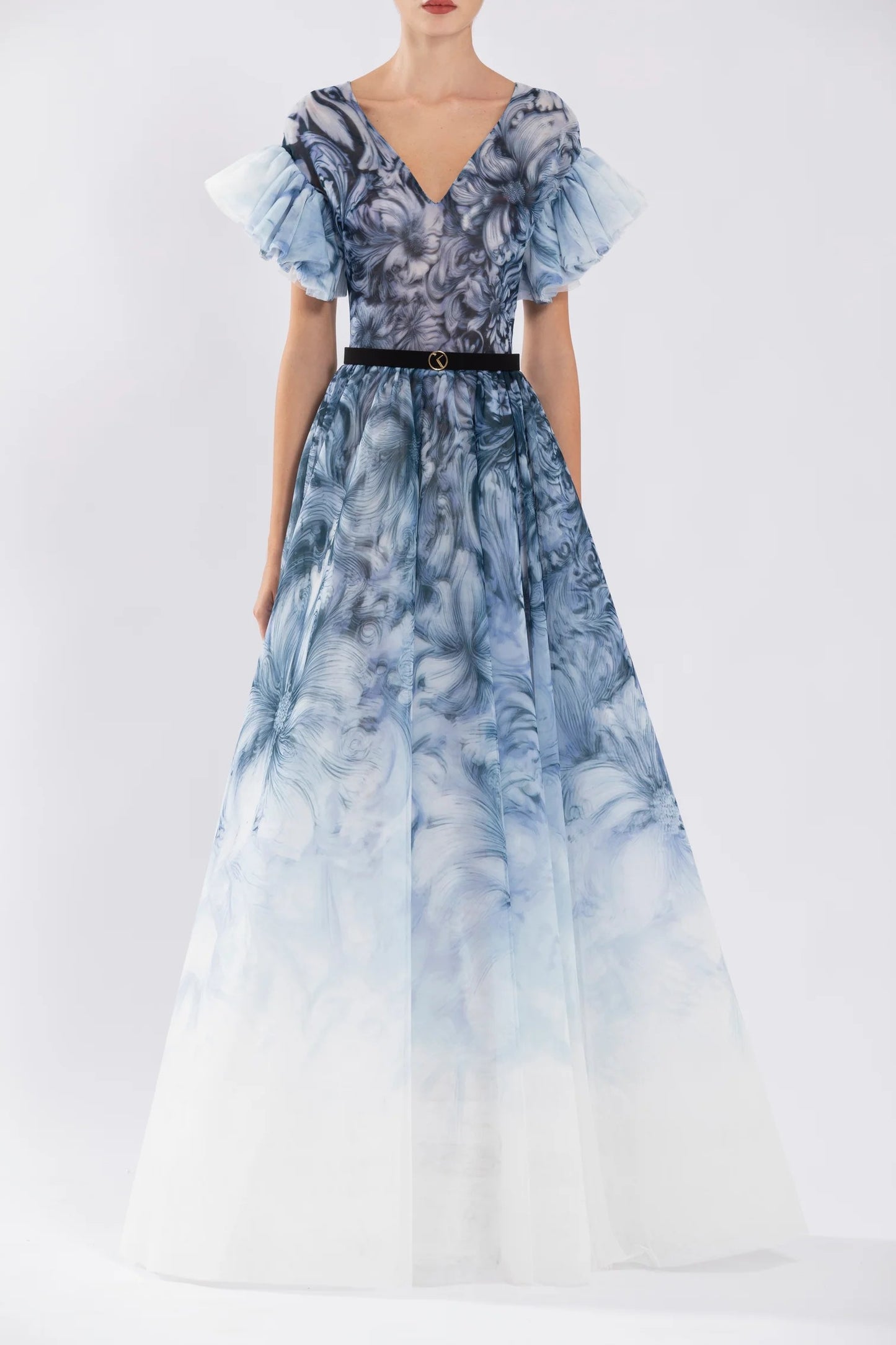 Tulle Printed Gown with Pleated Sleeves
