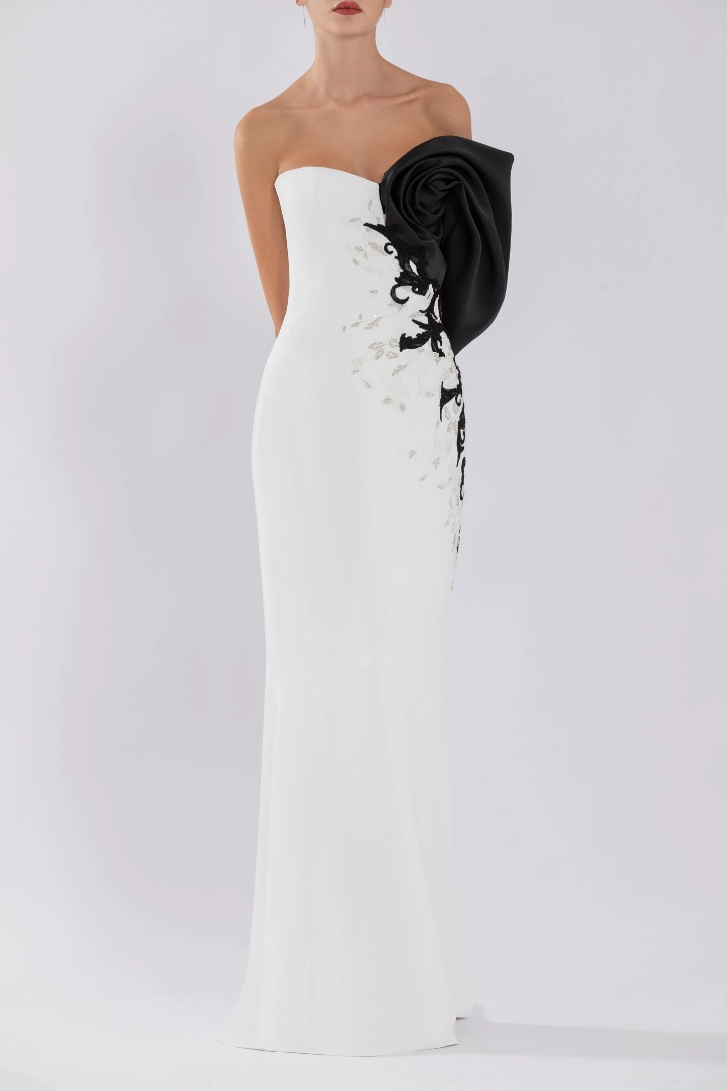 Crepe Gown with Mikado One Sided, Off-Shoulder Sleeve