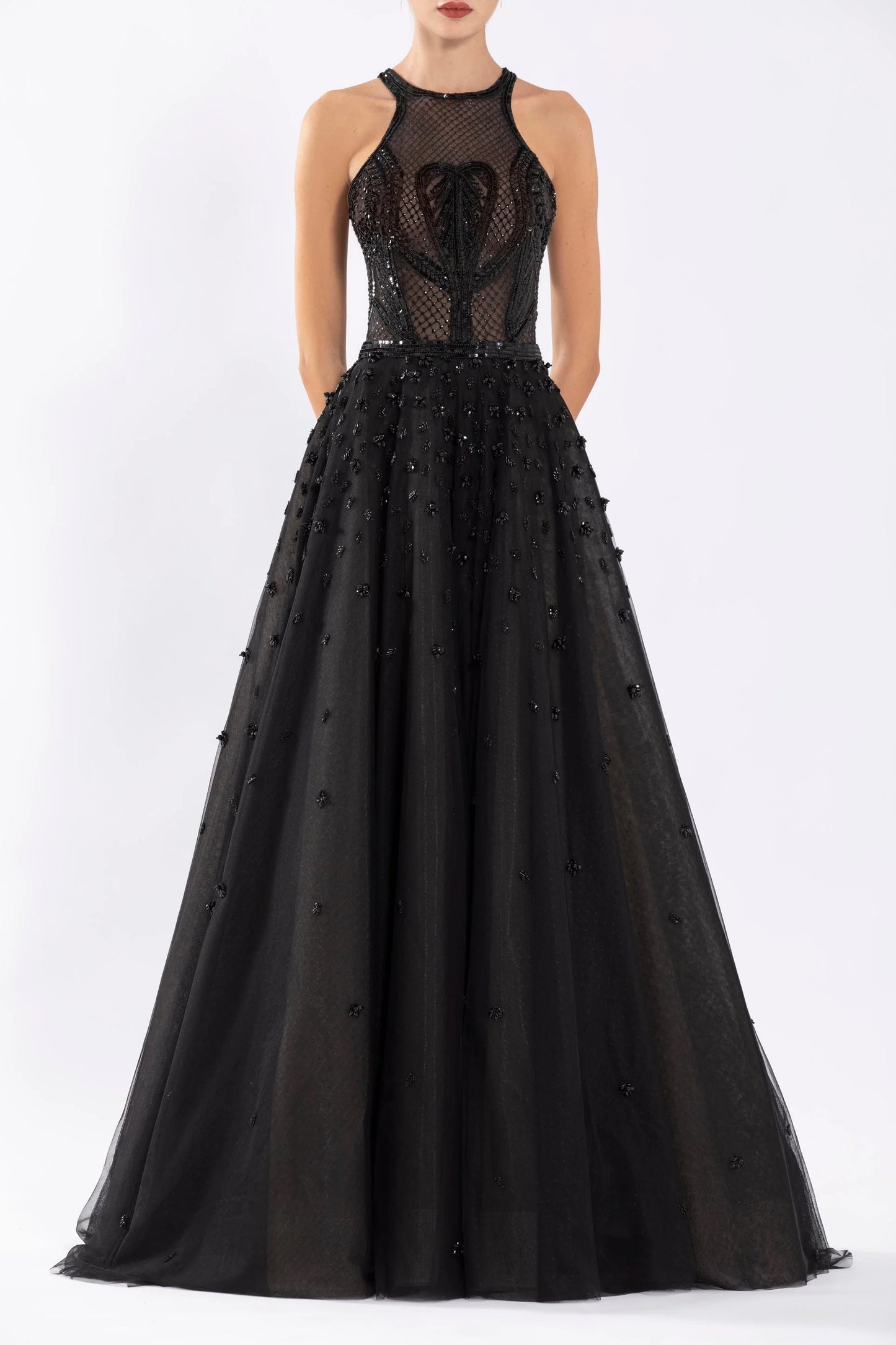 Tulle Beaded Sleeveless A-Line Gown with Halter Neckline