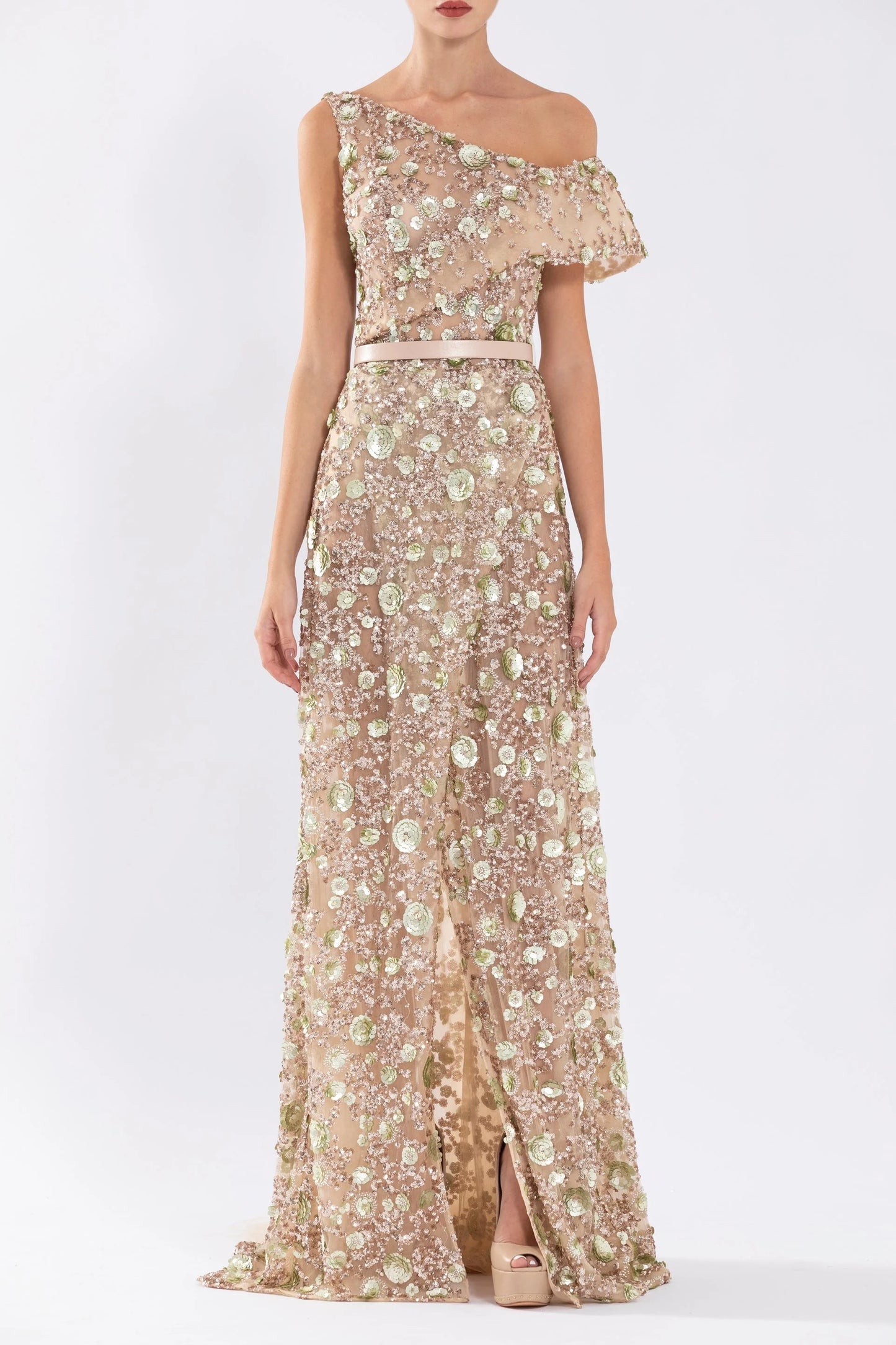 Tulle Gown with Envelope Skirt and Off-Shoulder Sleeve and Tulle Tail