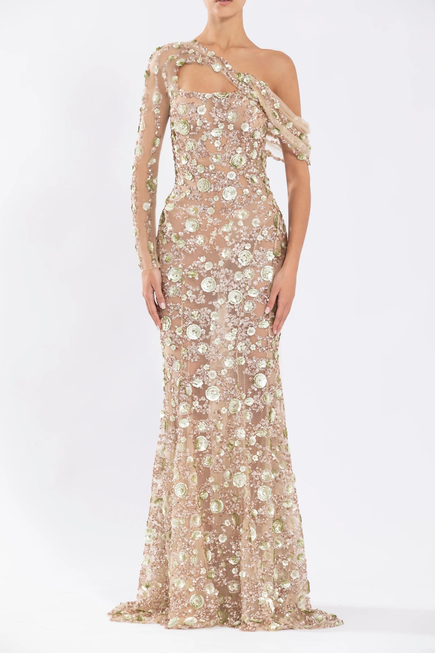 Tulle One Shoulder Gown with Beading and Tulle Tail