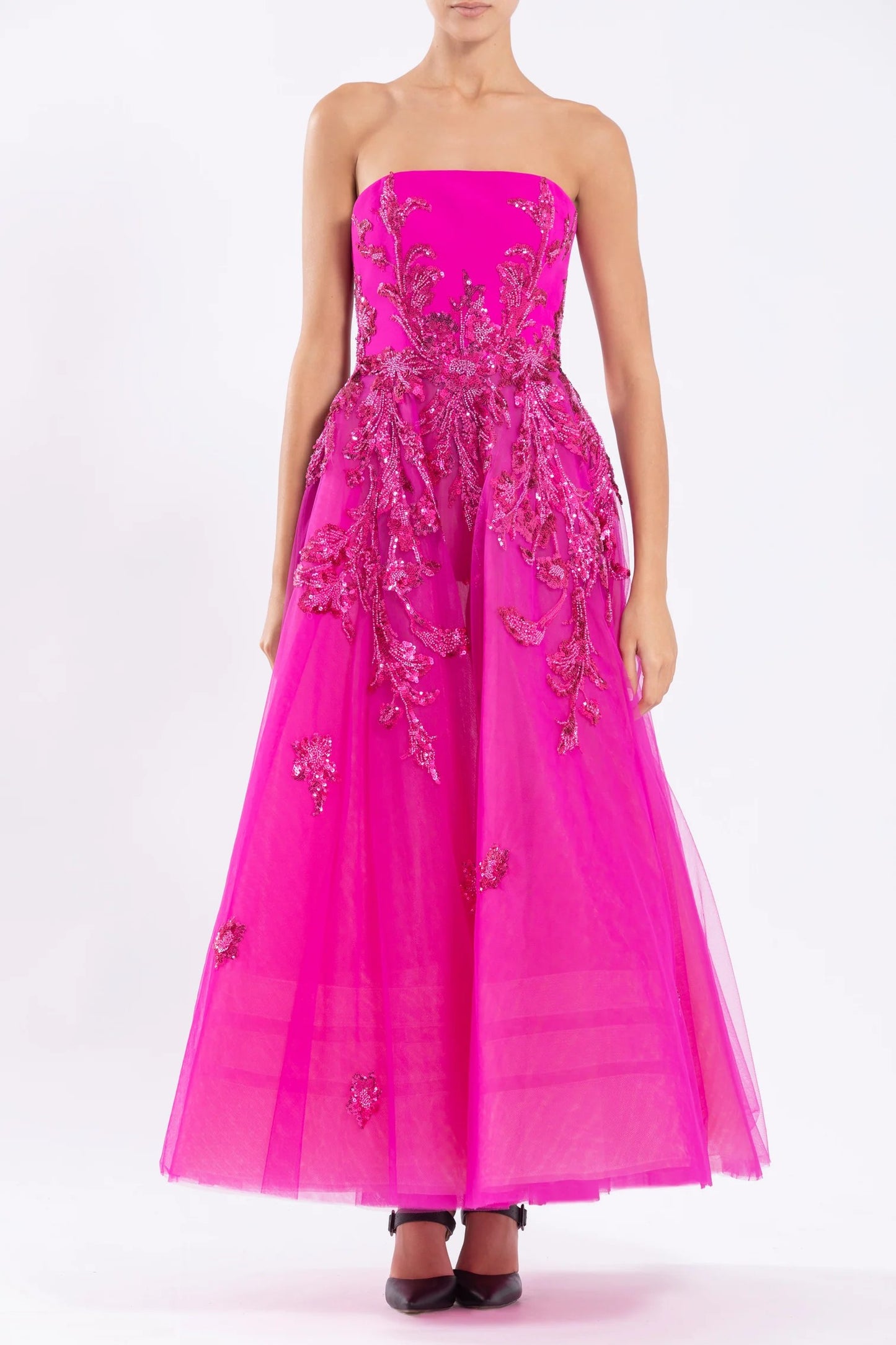 Tulle Beaded Dress with Crepe Strapless Top