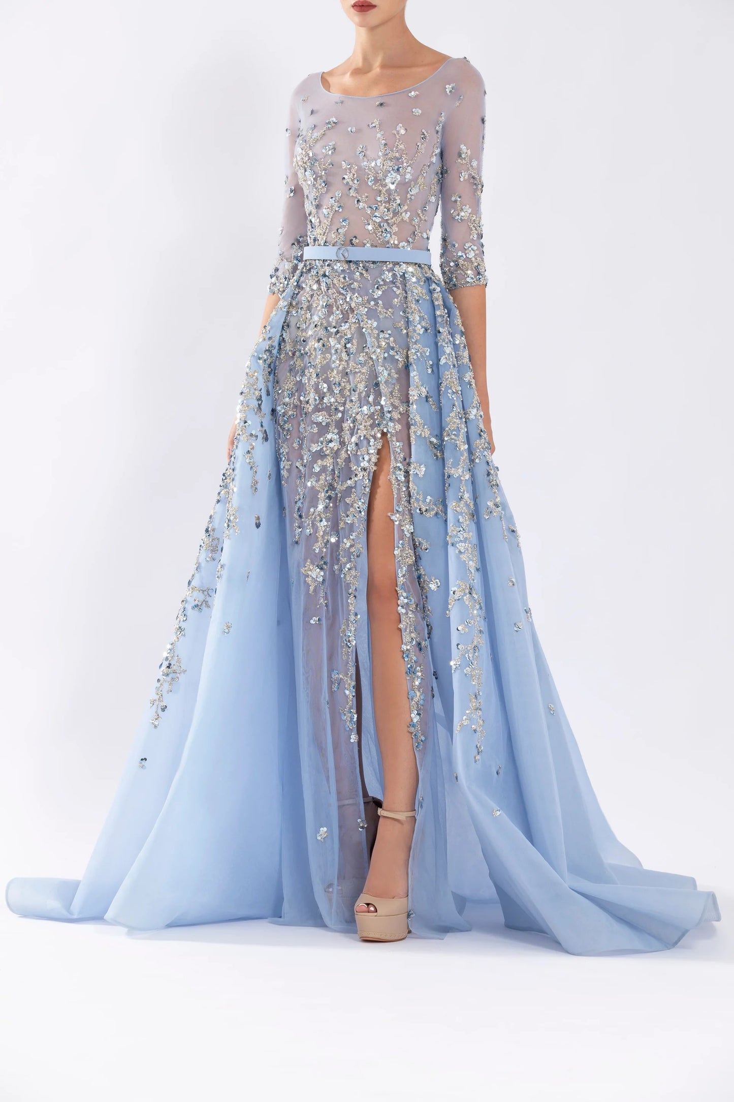 Tulle Beaded Gown with Envelope Skirt