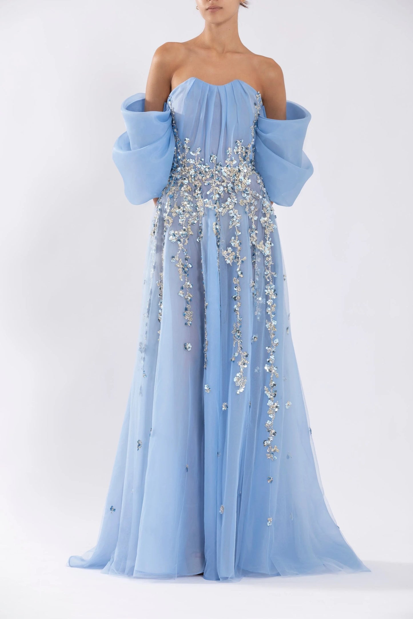 Organza Gown with Beading and Off Shoulder Sleeves