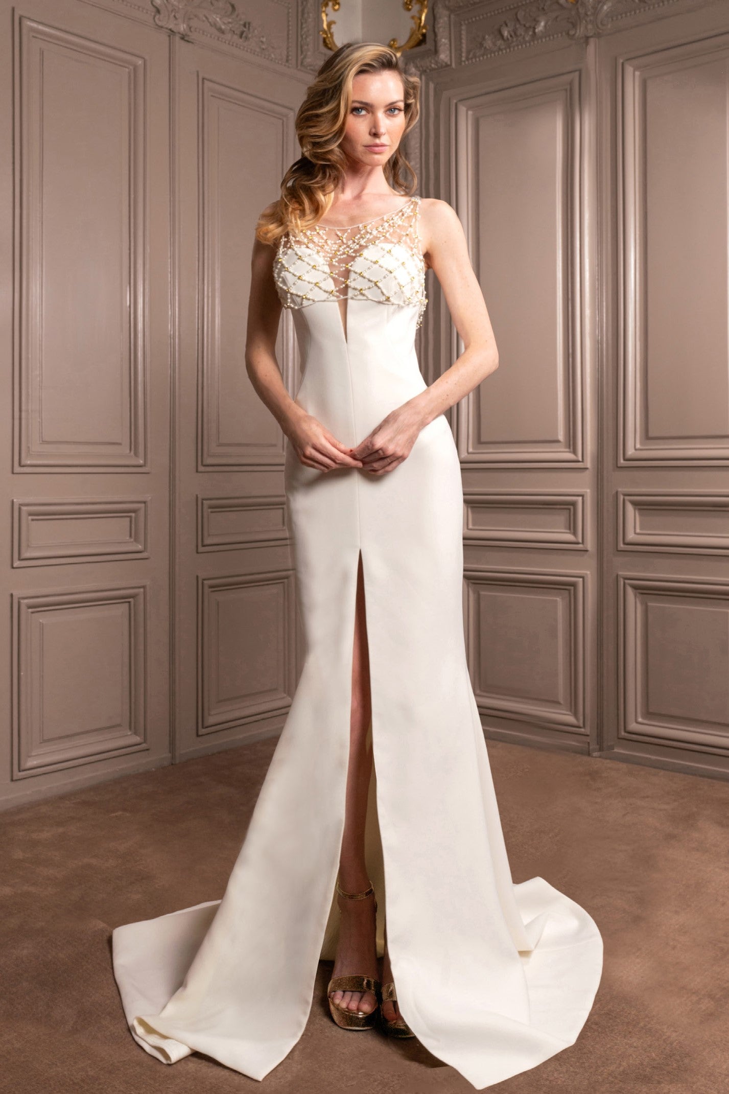 Sleeveless Gown with Mesh Detail