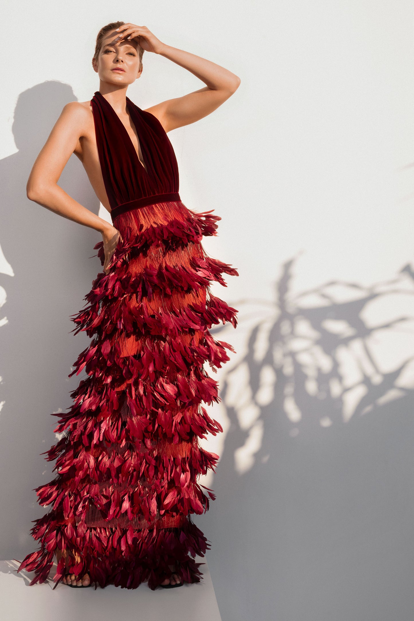 Deep -V Halter Feather Gown