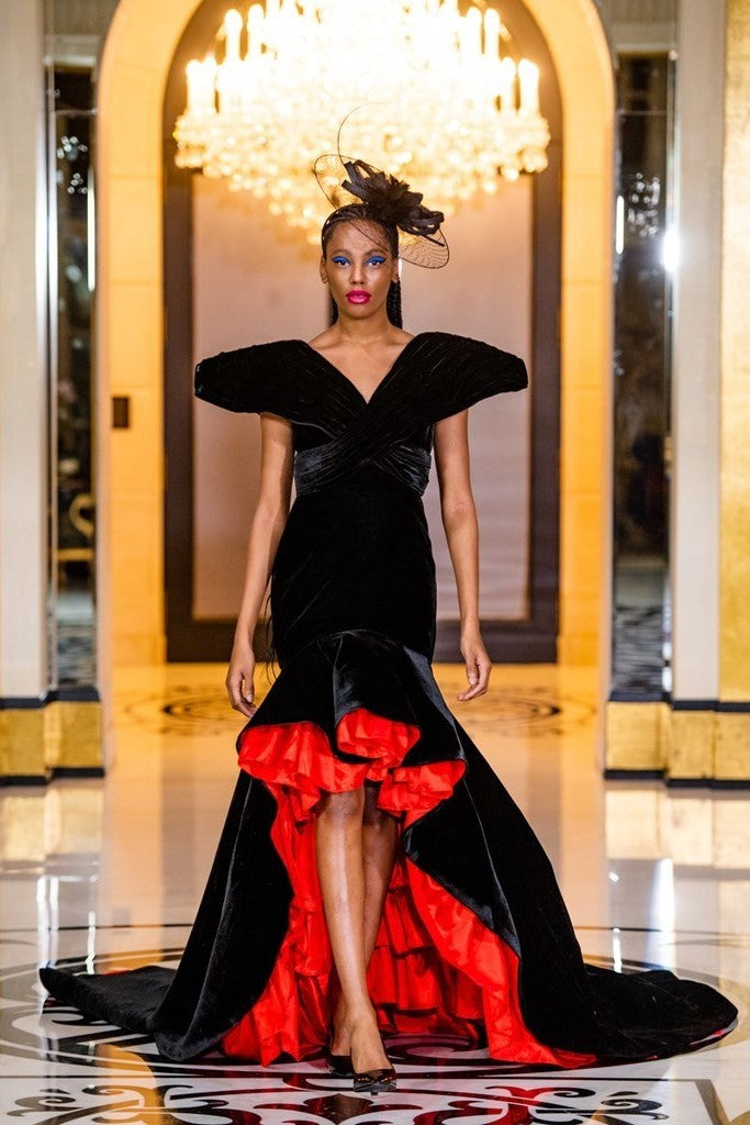 Velvet Ruffled High Low Gown