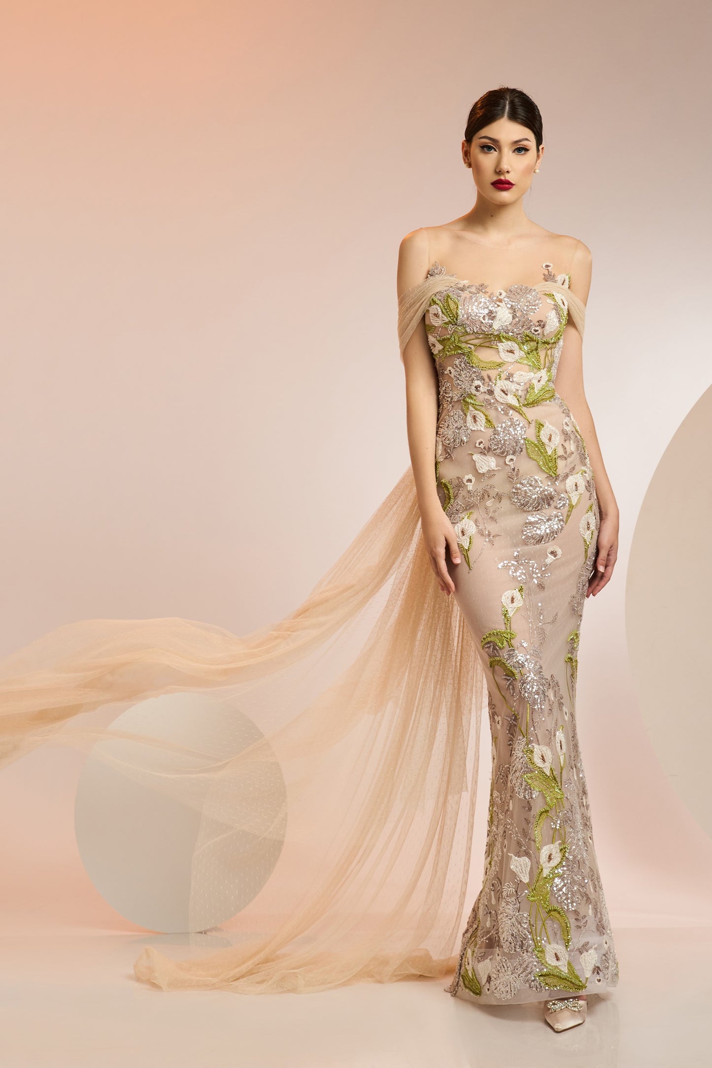 Embroidered Illusion Gown with Cape