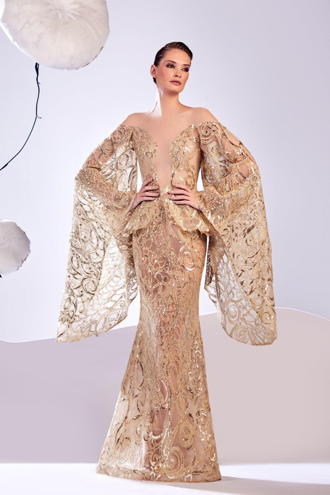 Lace Cape Sleeve Gown