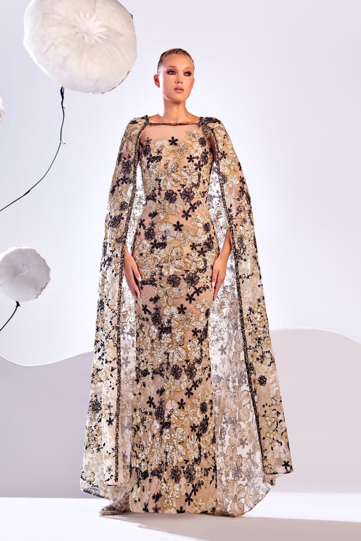 Caped Embroidered Gown