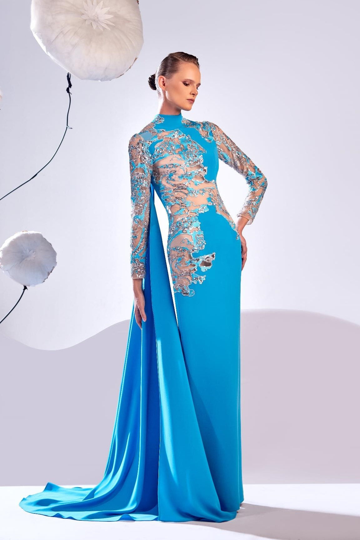 Draped Shoulder Lace Gown