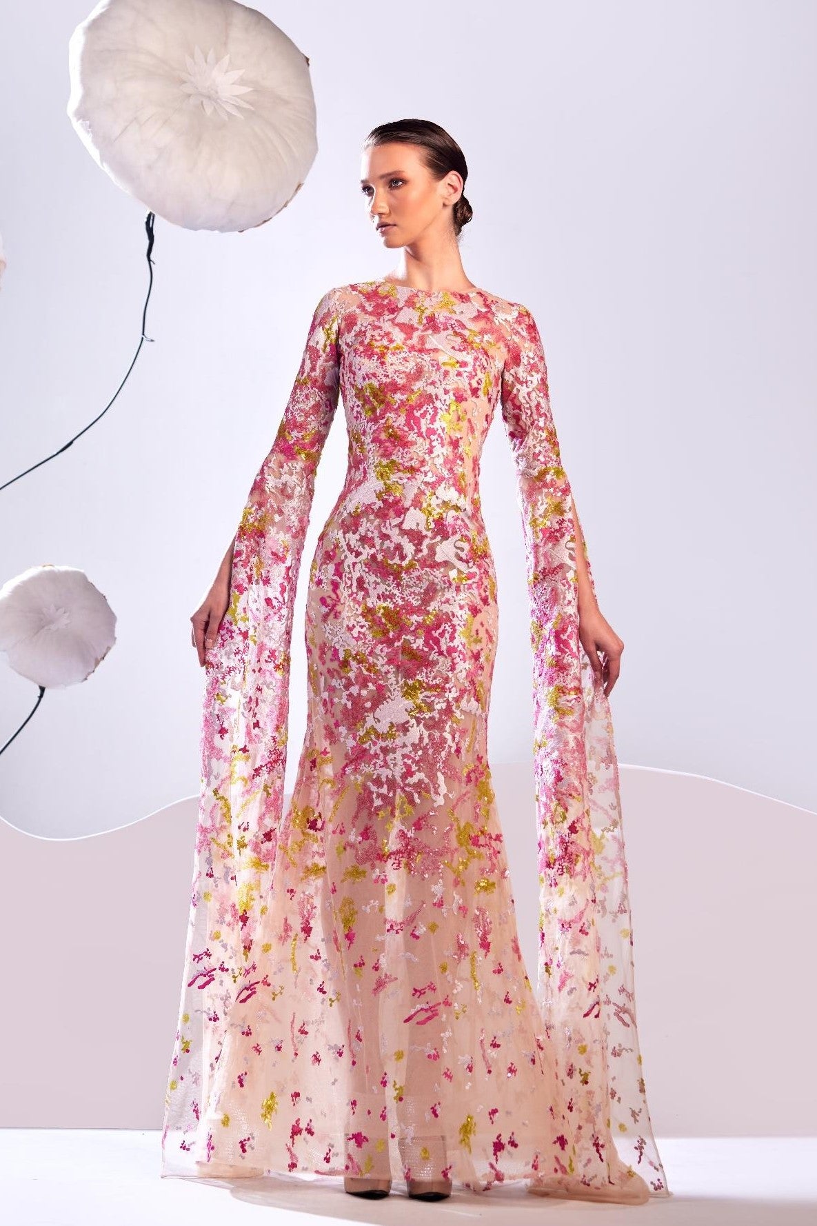 Embroidered Cape Sleeve Gown