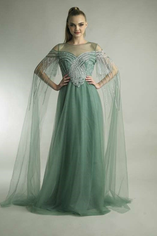 Long Sleeve Capelet Fringe Tulle Gown