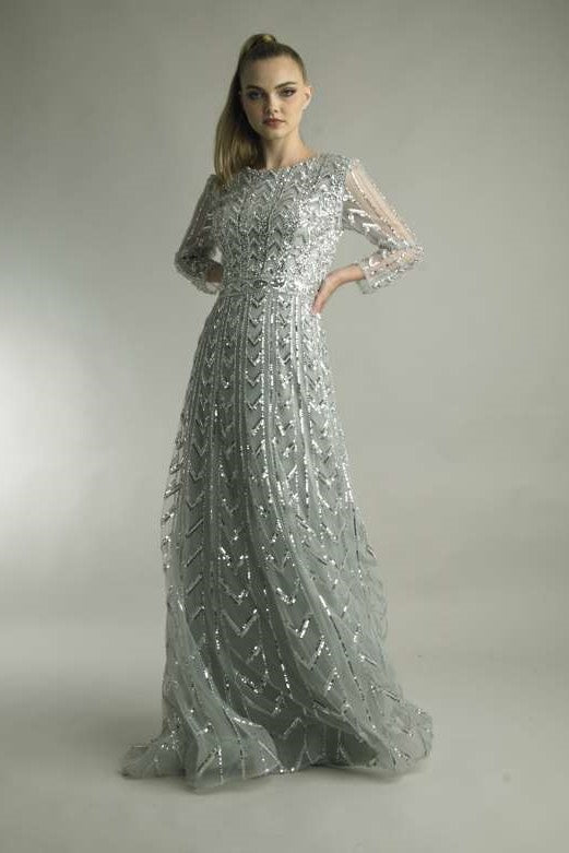 Long Sleeve Sequin Beaded Gown