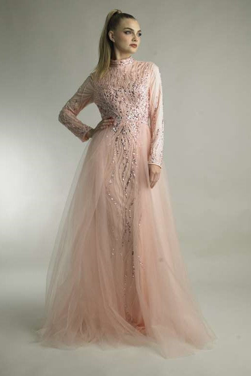 Long Sleeve Embellished Gown with Overskirt
