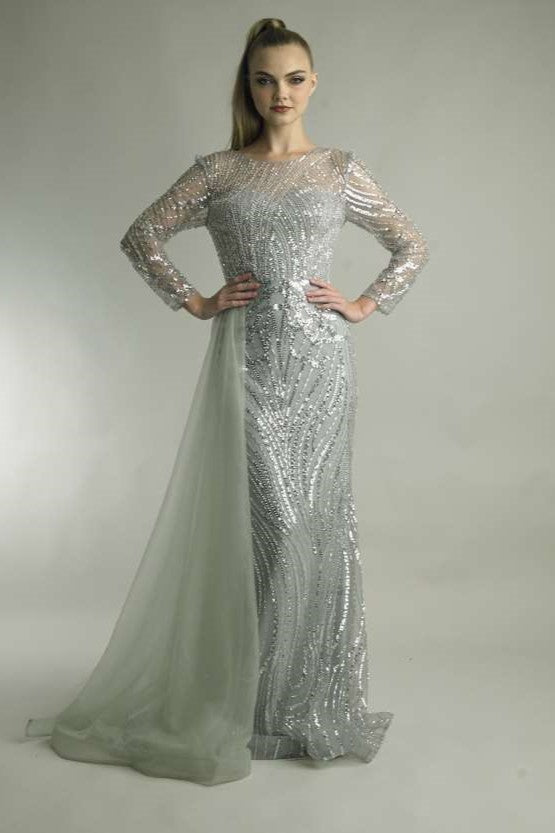 Long Sleeved Side Hip Tulle Gown