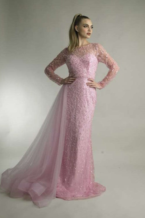 Long Sleeve Embellished Gown with Side Train
