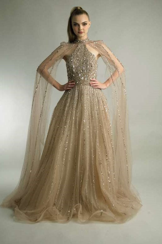 Halter Long Capelet Sleeve Beaded Gown