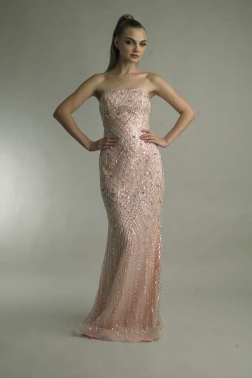 Fully Beaded Strapless Gown with Train