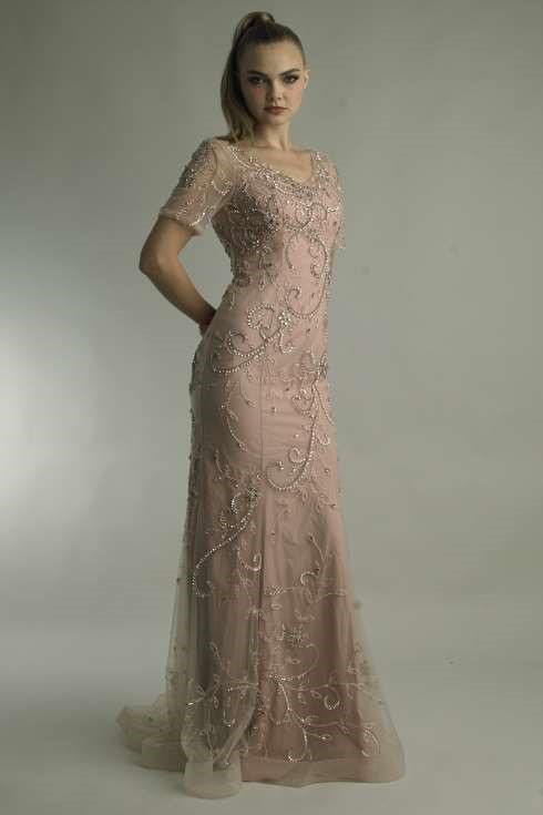 Short Sleeve Beaded Gown with Train