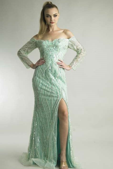 Scalloped Off Shoulder Gown