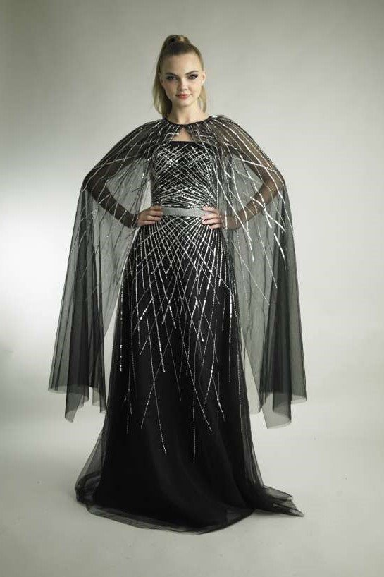 Strapless Sequin Gown with Cape