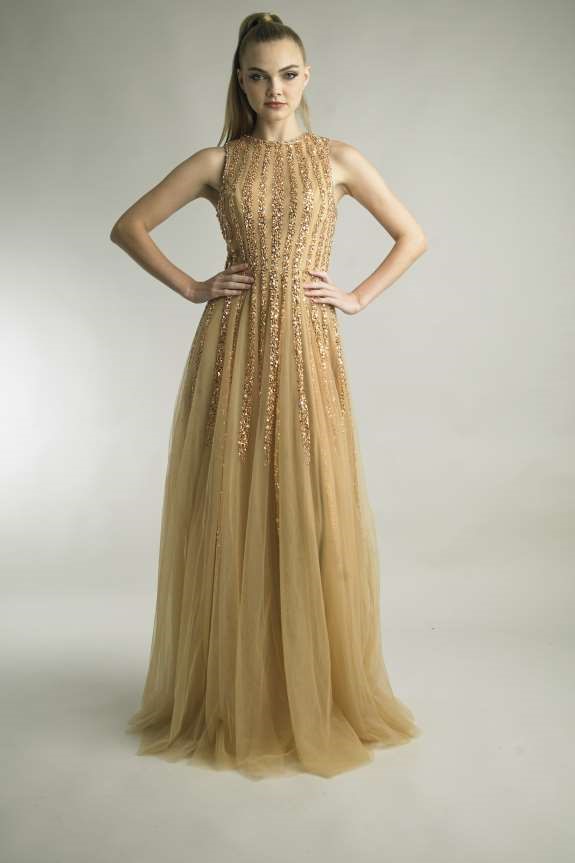 Sleeveless A-Line Crystal Beaded Gown