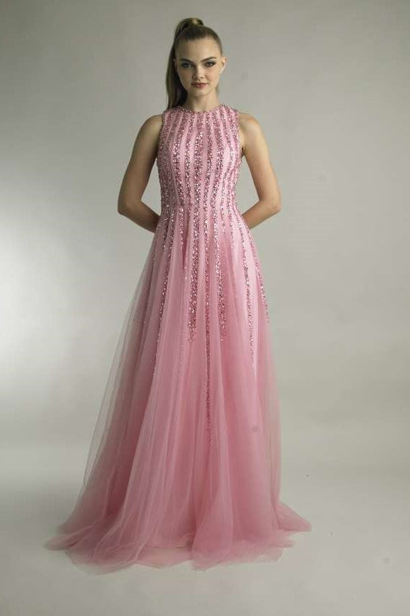 Sleeveless A-Line Crystal Beaded Gown with Train