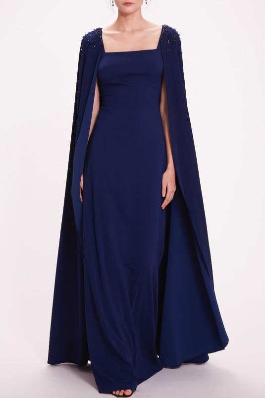Caped Shoulders Crepe Gown