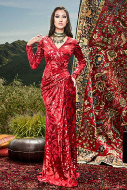 Sequined Long Sleeve Slit Gown