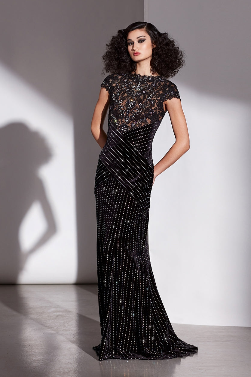Stretch Velvet Embroidered Gown