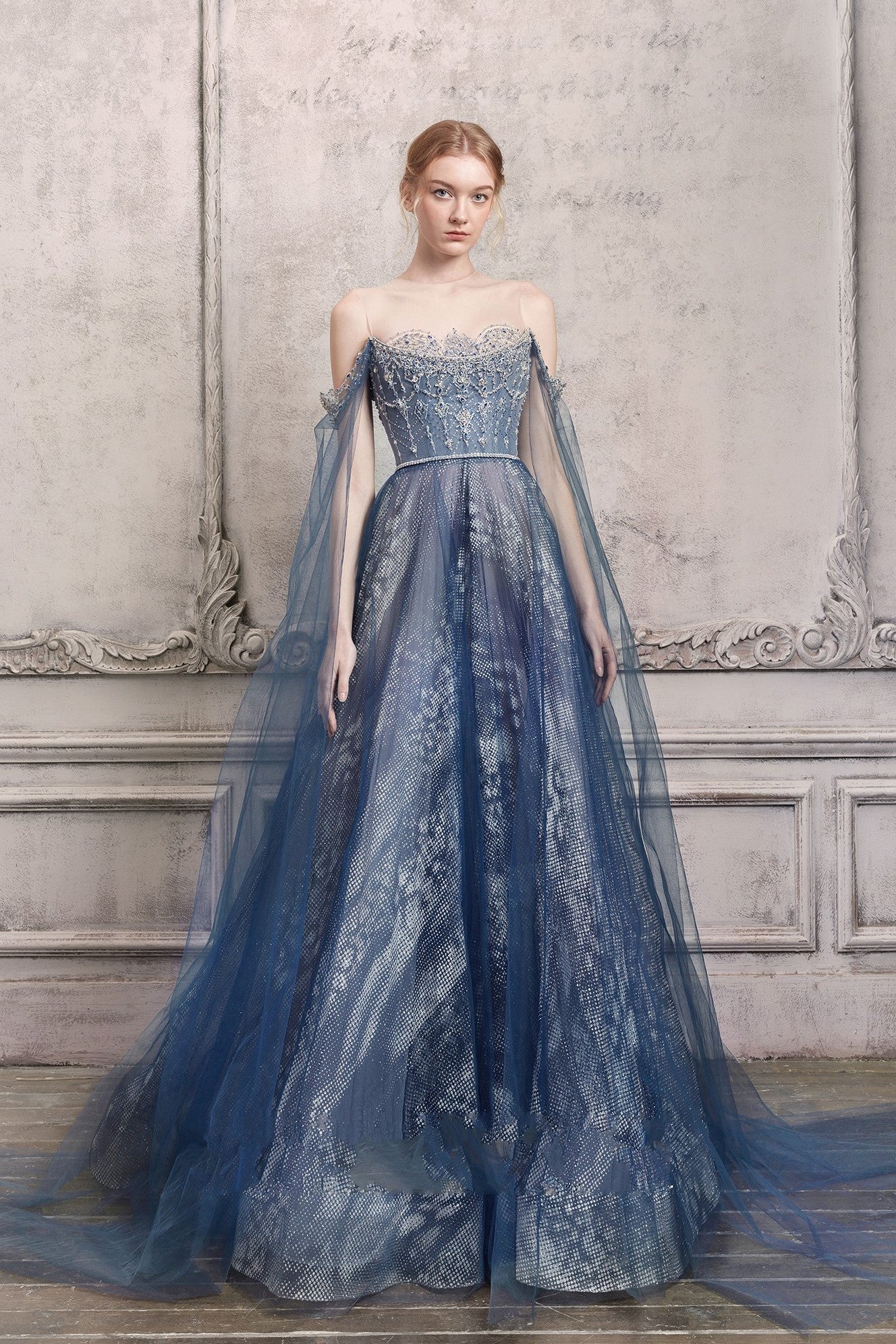 Draped Off Shoulder Illusion Gown