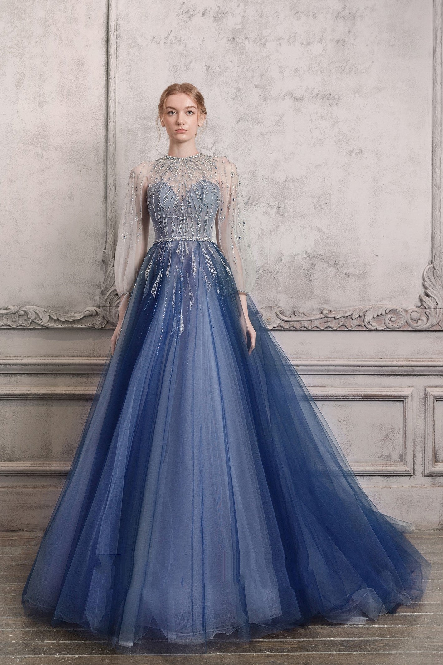 Embellished ¾ Sleeve Ball Gown