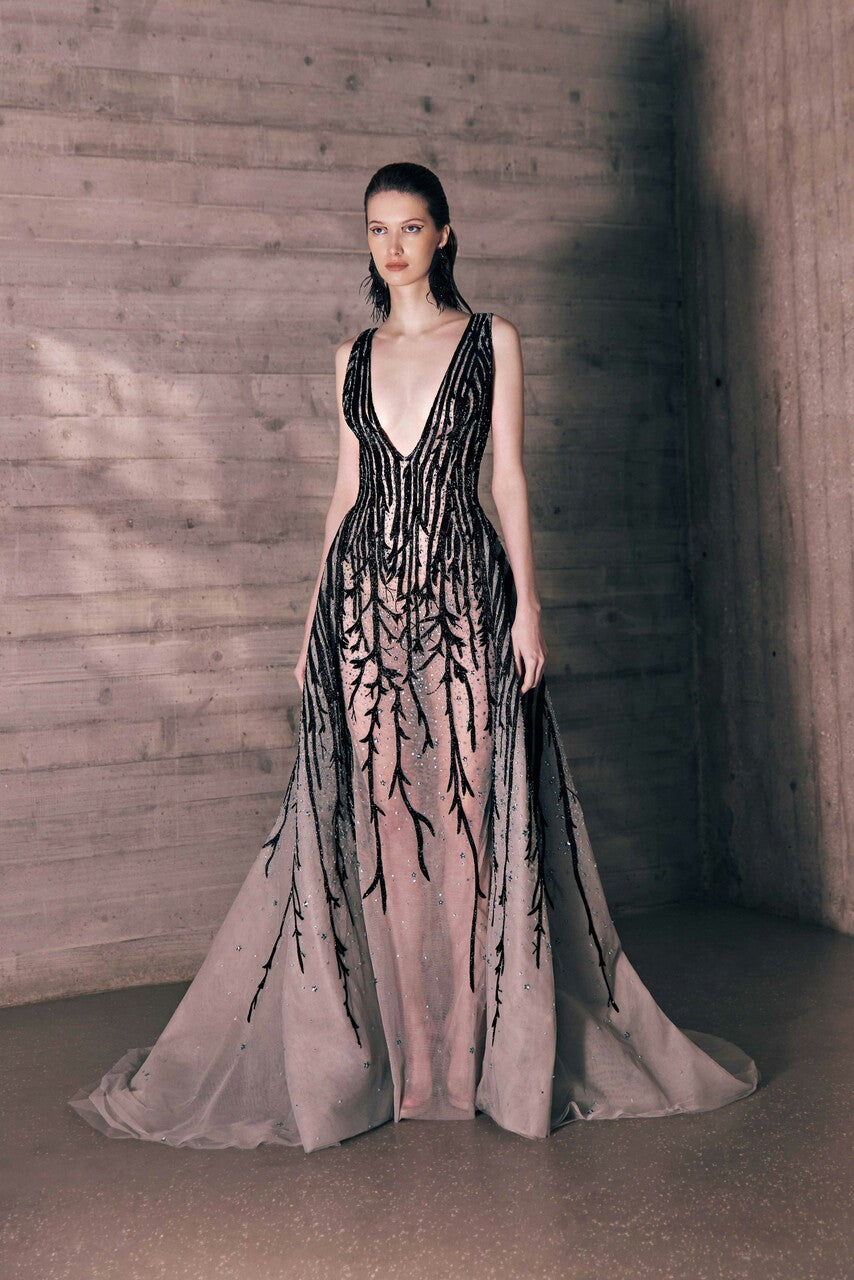 Tulle Gown with Deep V-Neckline