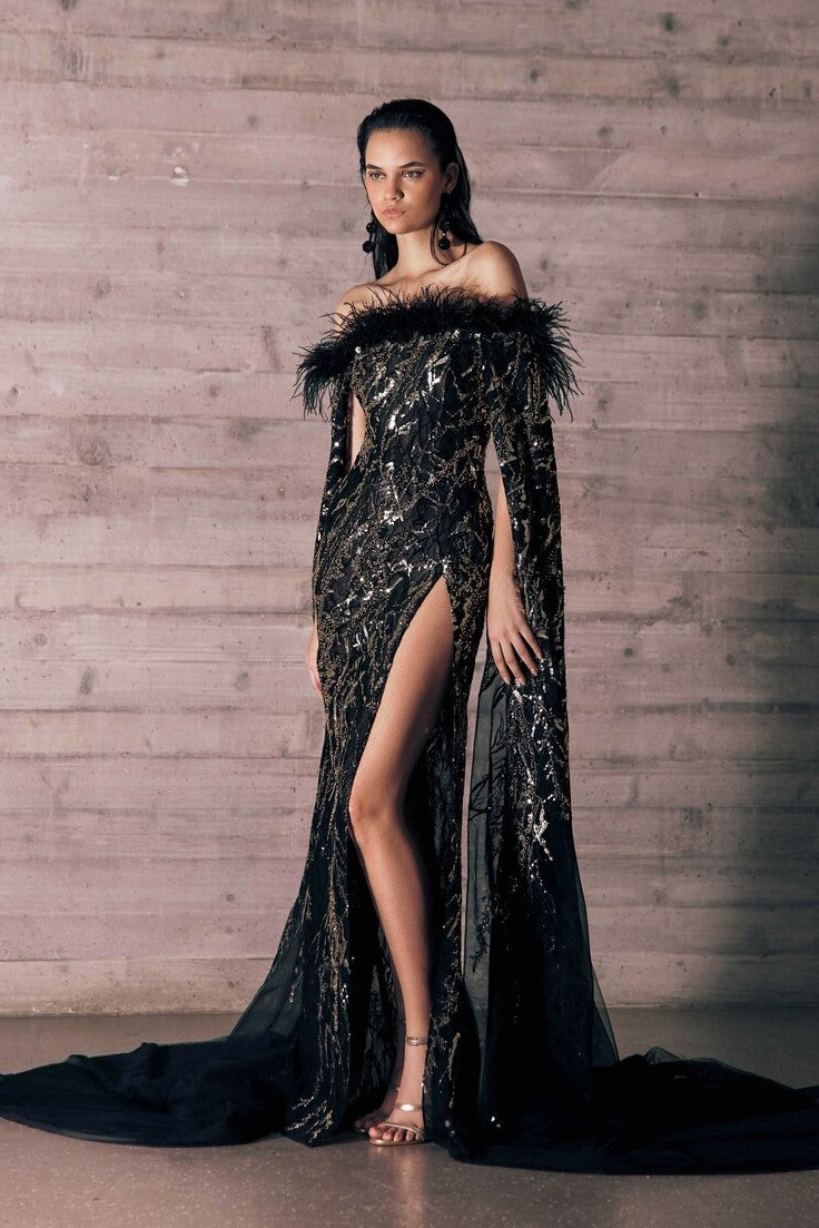 Cape Sleeve Tulle Slit Gown