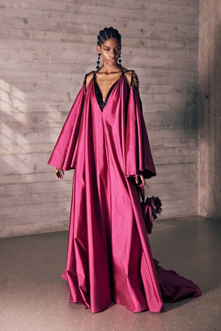 Taffeta Gown with Embroidered Straps