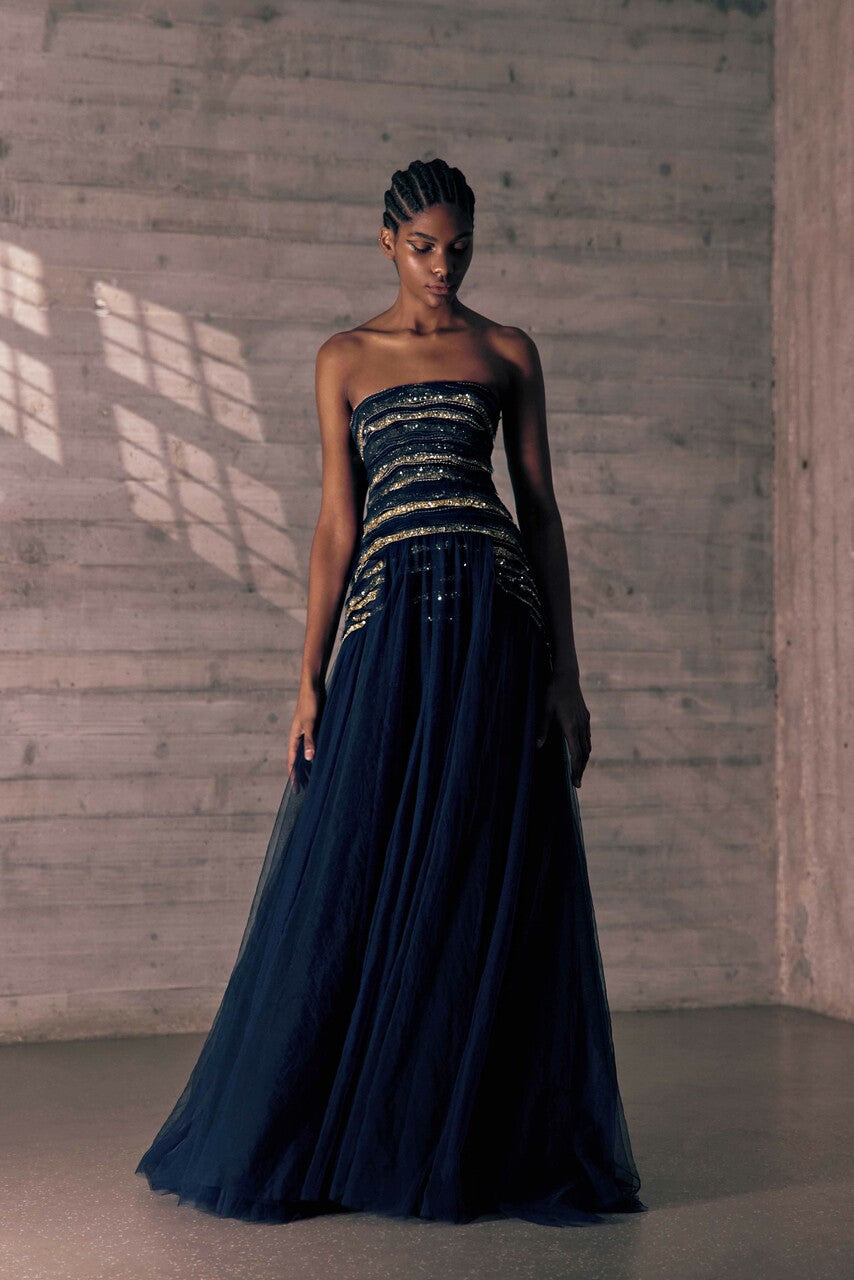 Strapless Tulle Gown with Embroidery