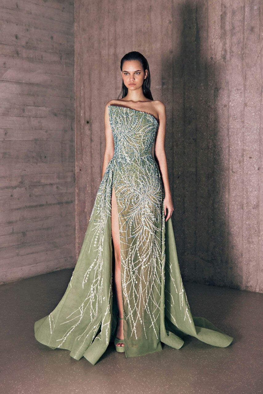 Dotted Embroidered Gown with Overskirt