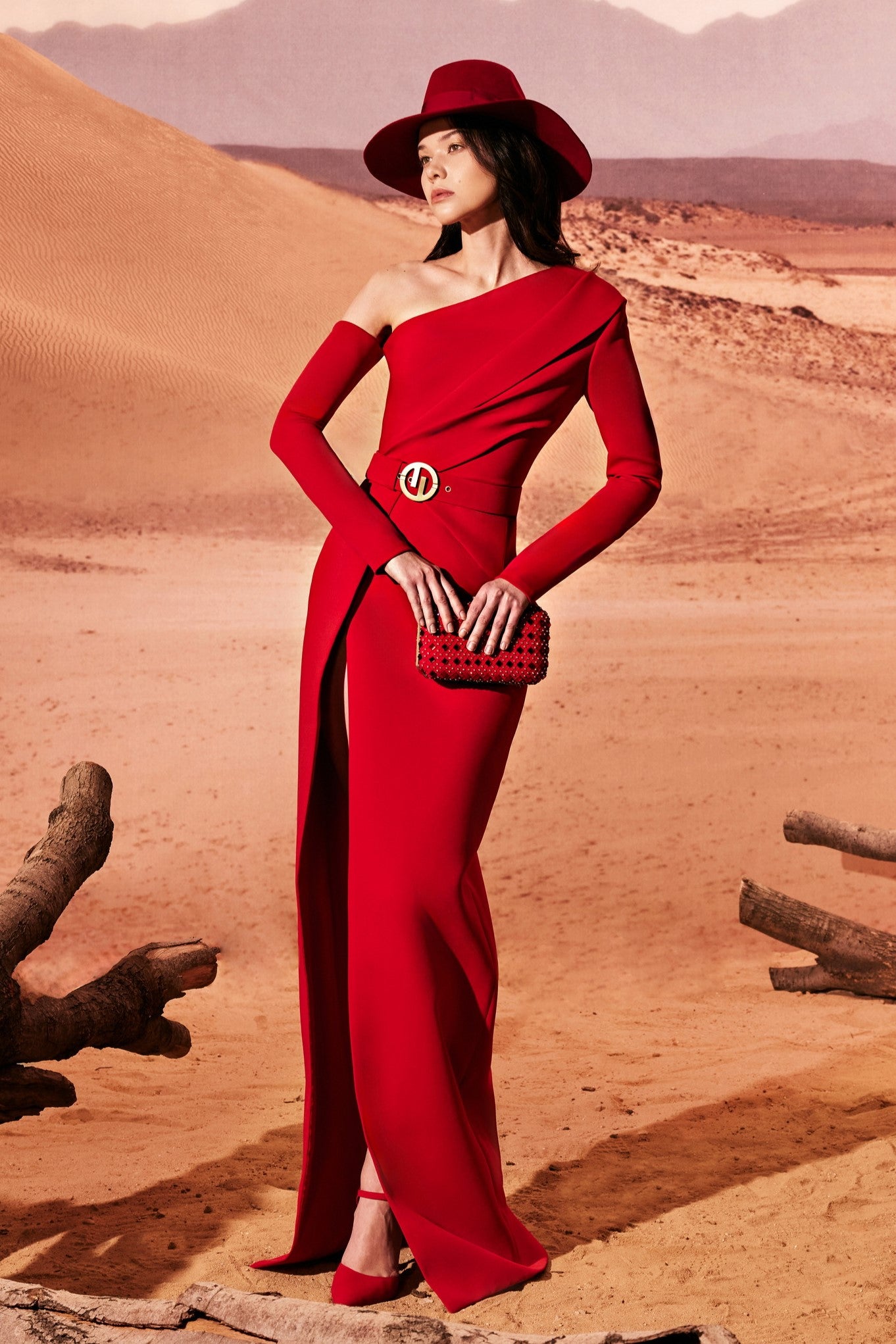 Asymmetrical Sleeved Crepe Gown