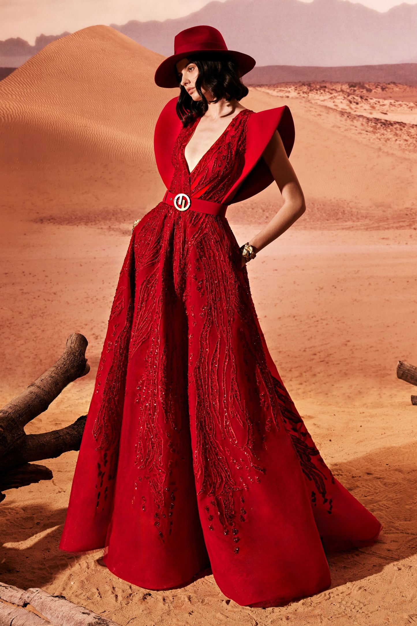 A-Line Embroidered Gown with Belt