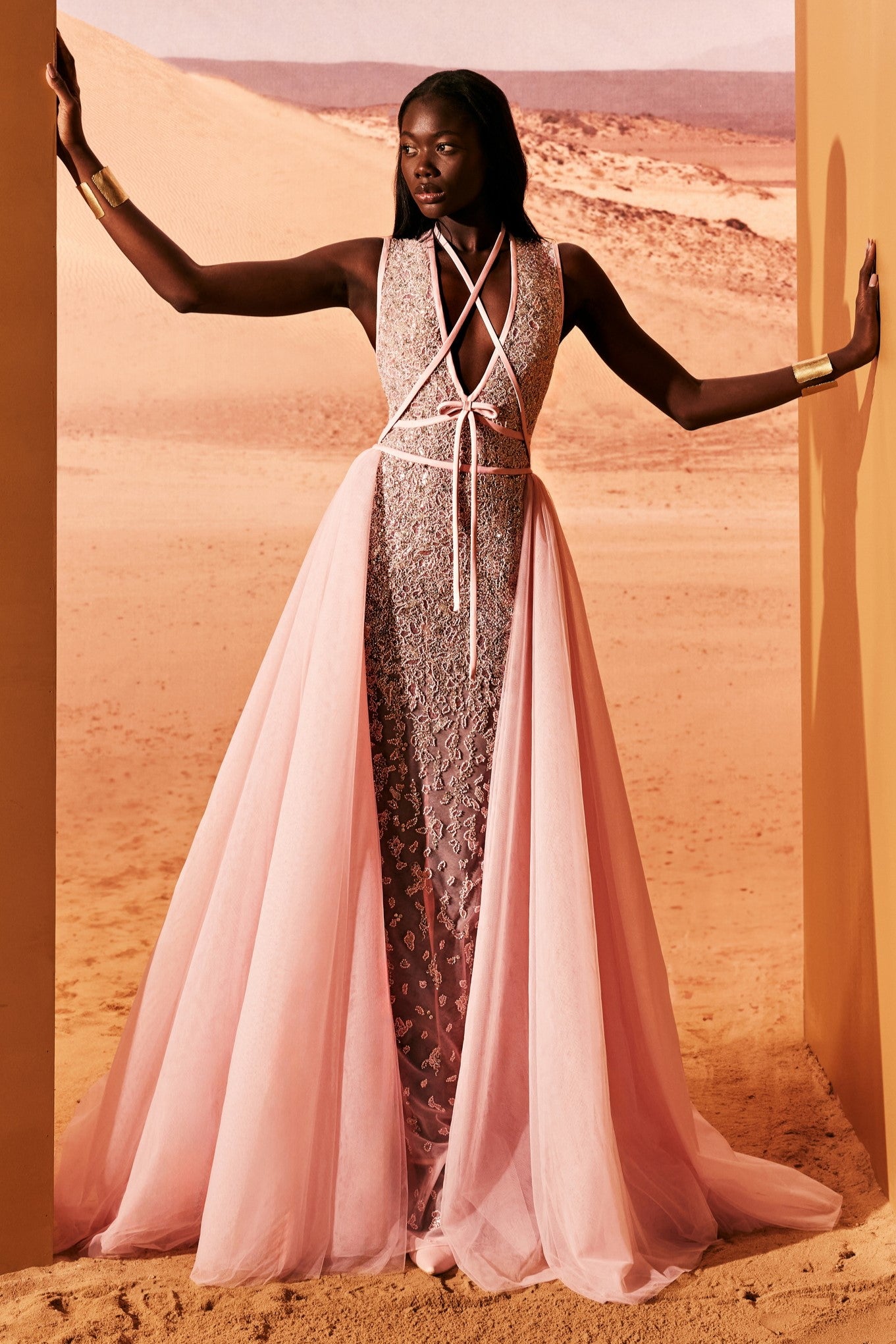 Embroidered Tulle Overskirt Gown