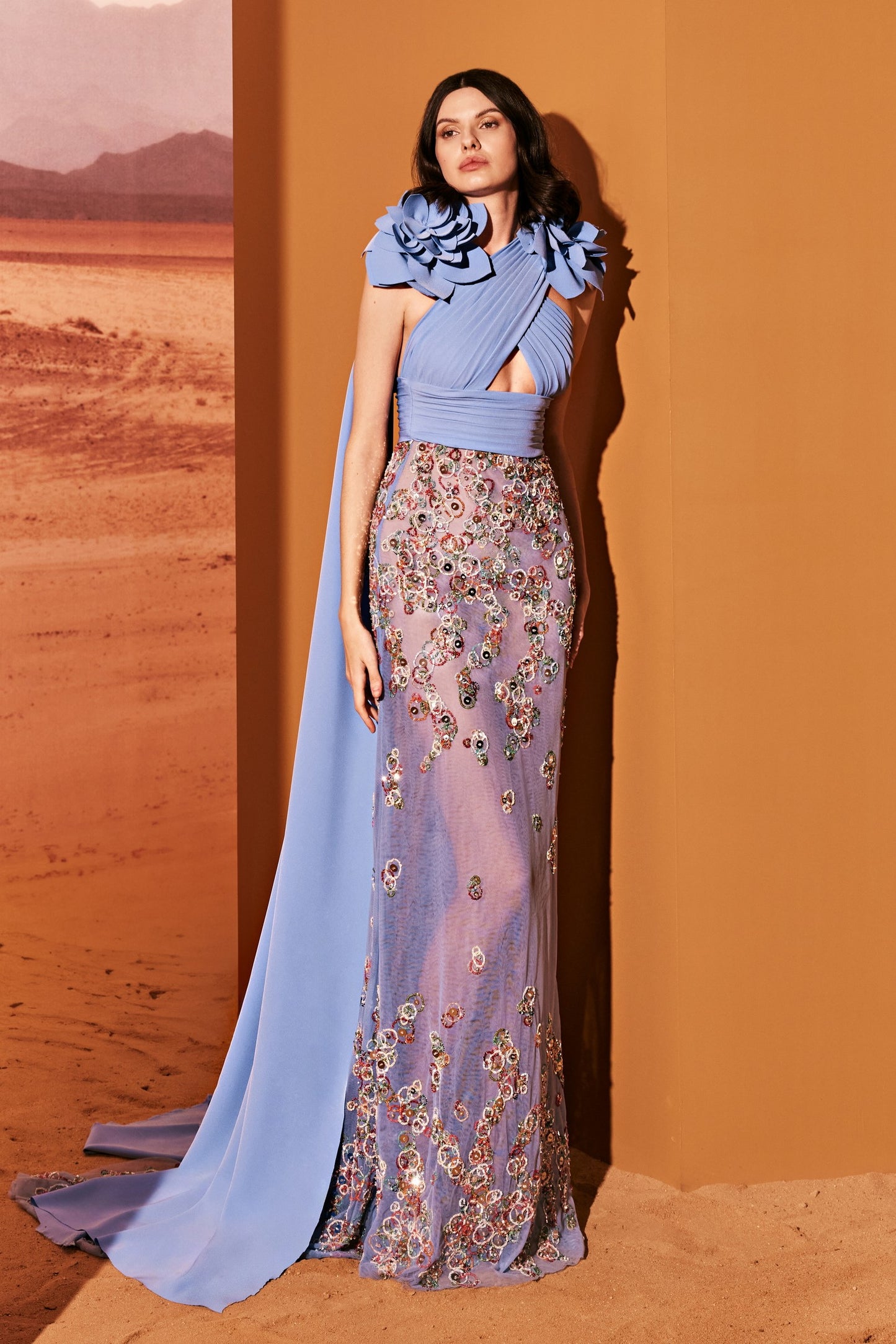 Crepe Criss-Cross Tulle Gown