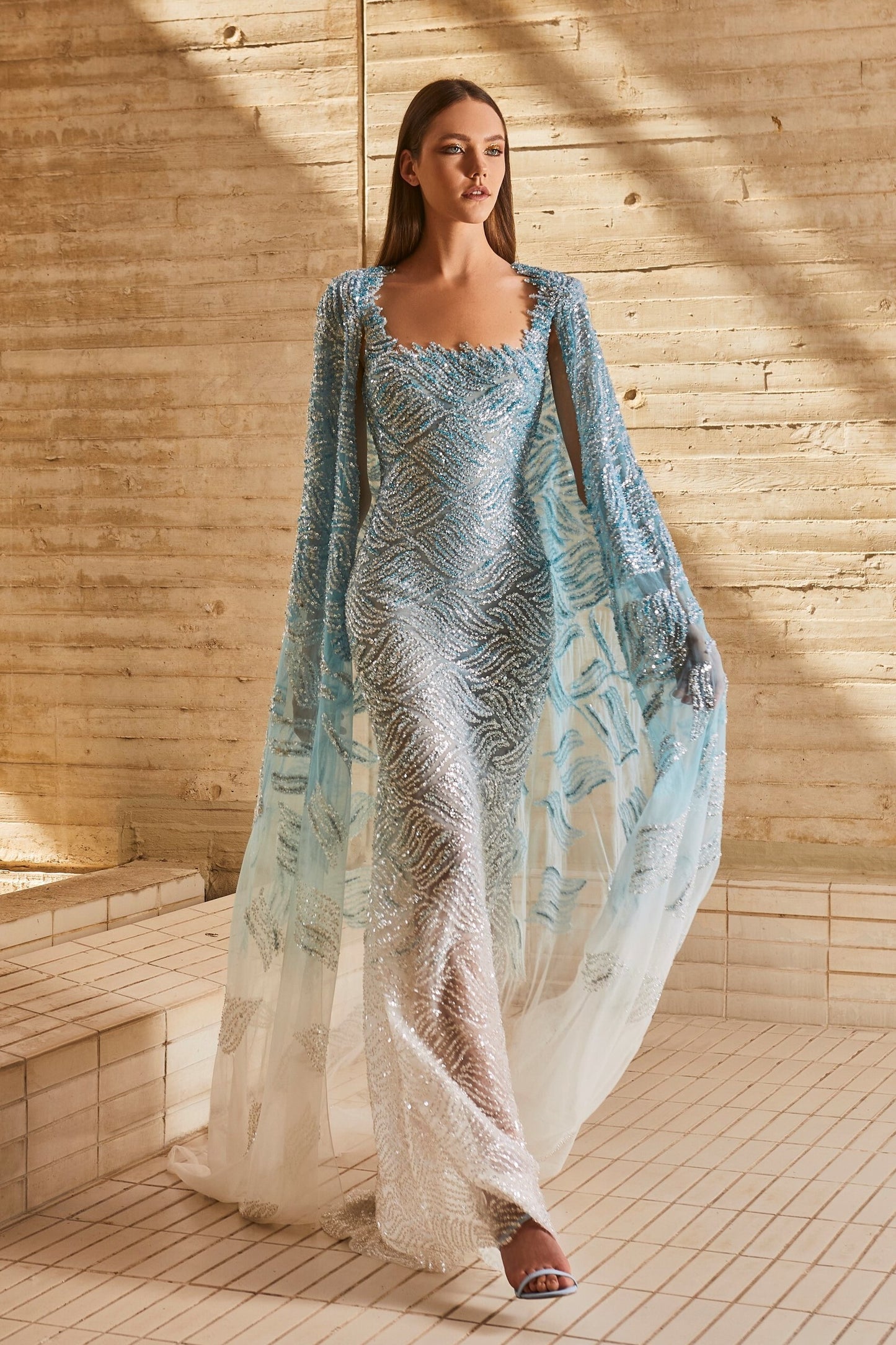 Topaz Long Sleeve Cape Gown