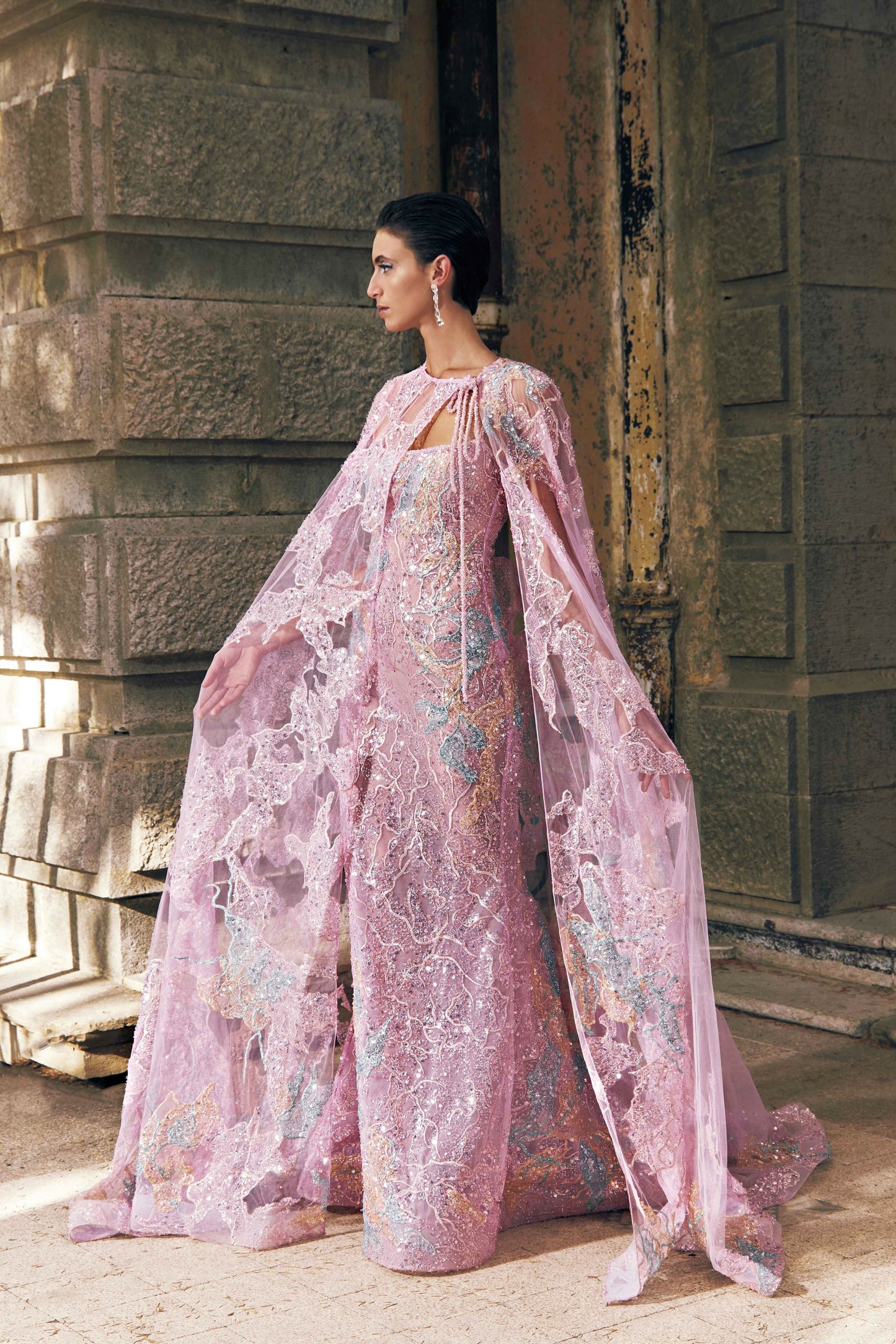 Embroidered Tulle Gown with Cape