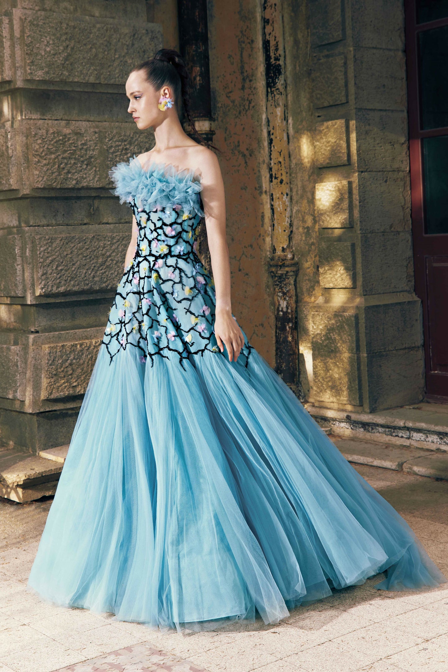 Strapless Hand Embroidered Tulle Gown